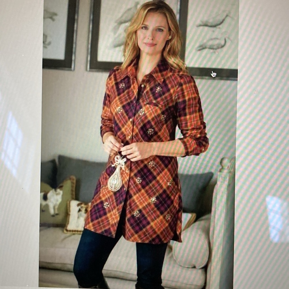 Like-new Soft Surroundings Galveston cotton flannel embellished plaid tunic